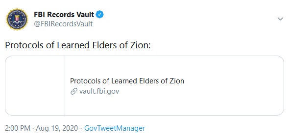 FBI Protocols of Learned Elders of Zion FBI Tweet