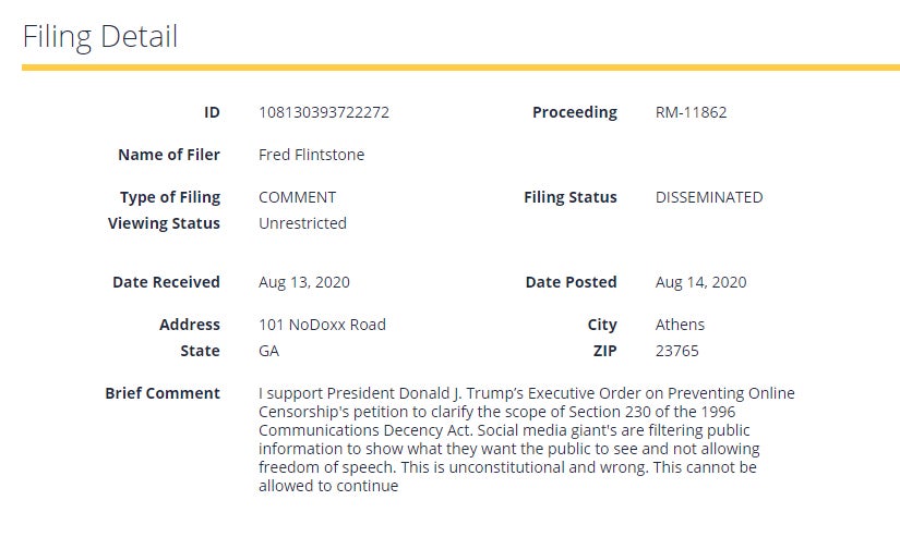 Fred Flinstone Section 230 Comments