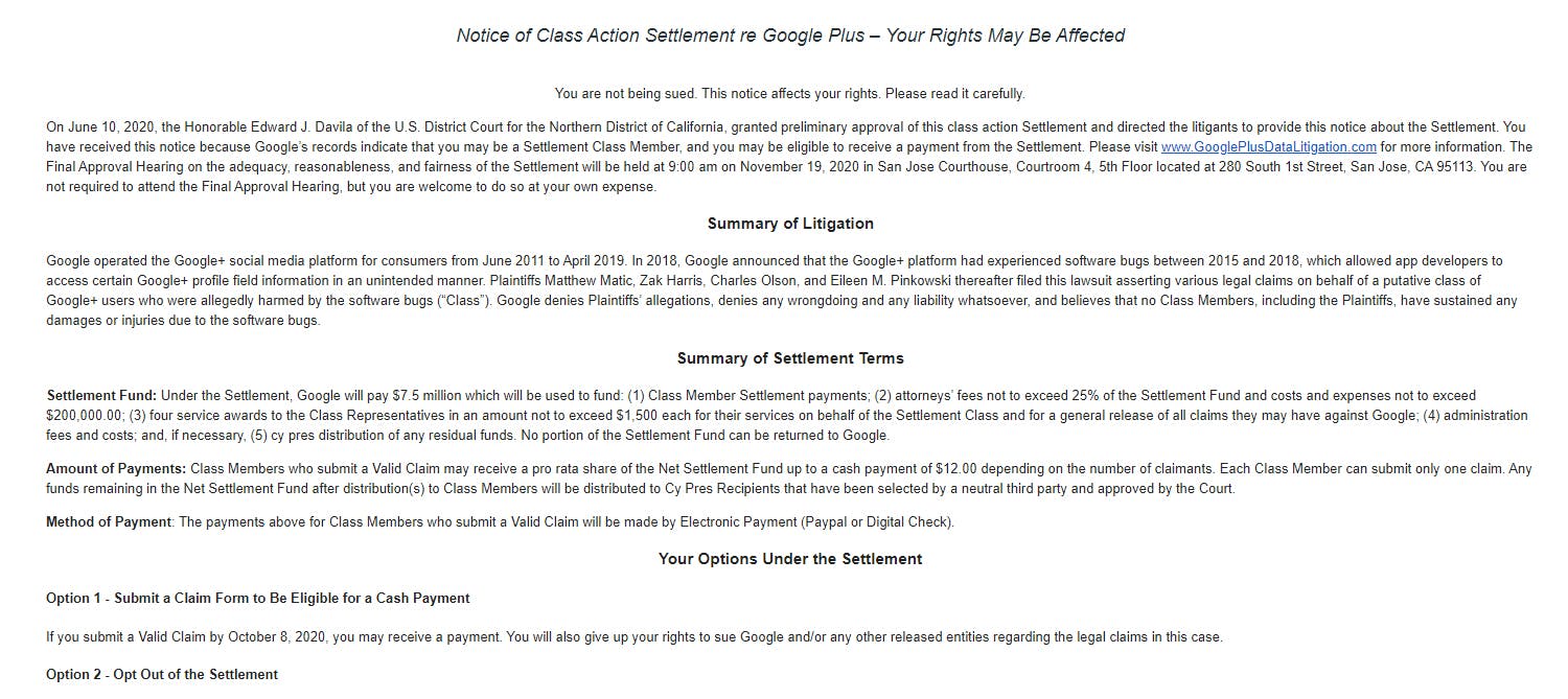 Google Plus Settlement Email Gmail
