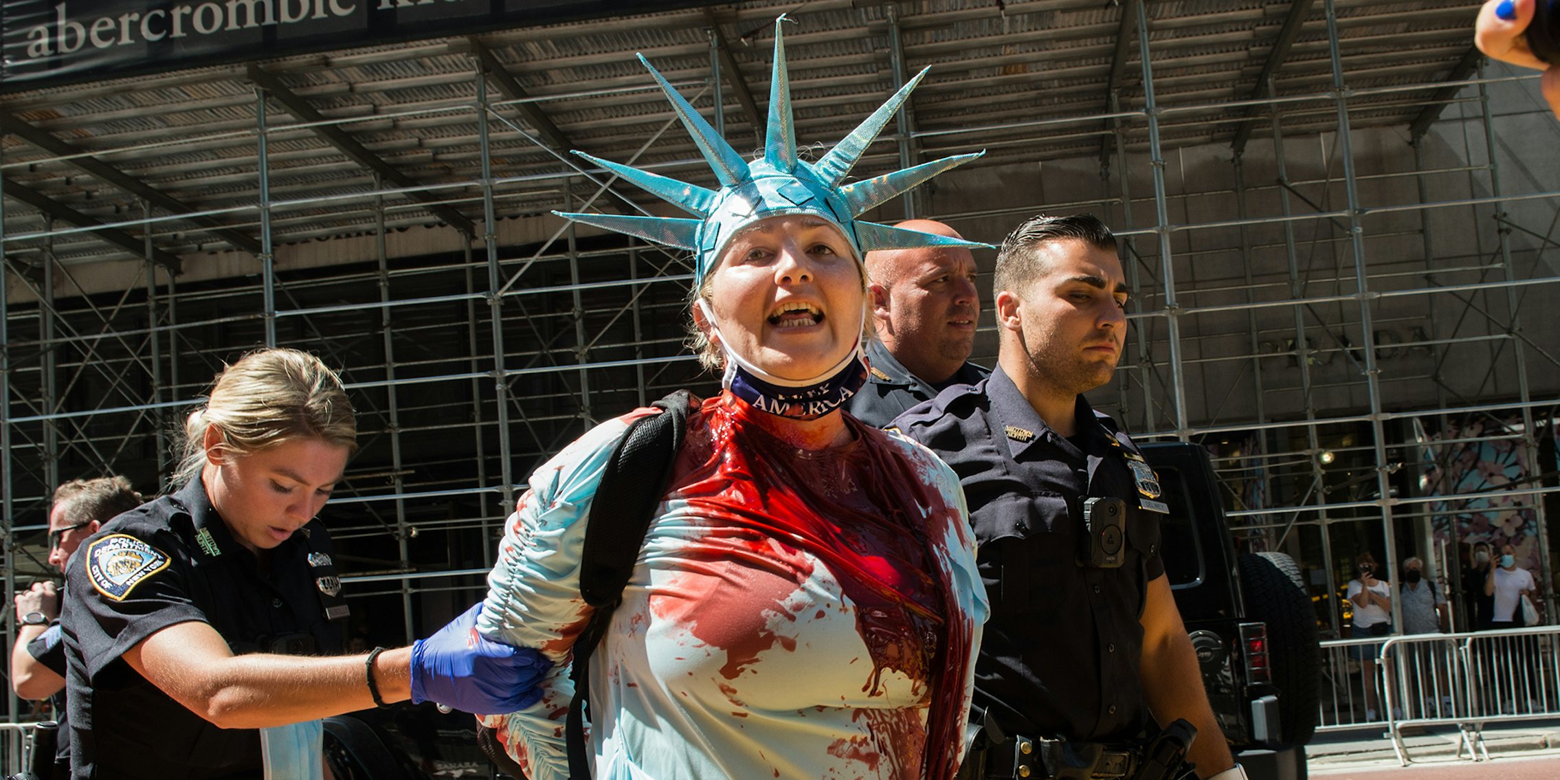 Juliett Germanotta, dressed as Statue of Liberty, vandalized the Black Lives Matter mural outside of Trump Tower Fifth Avenue