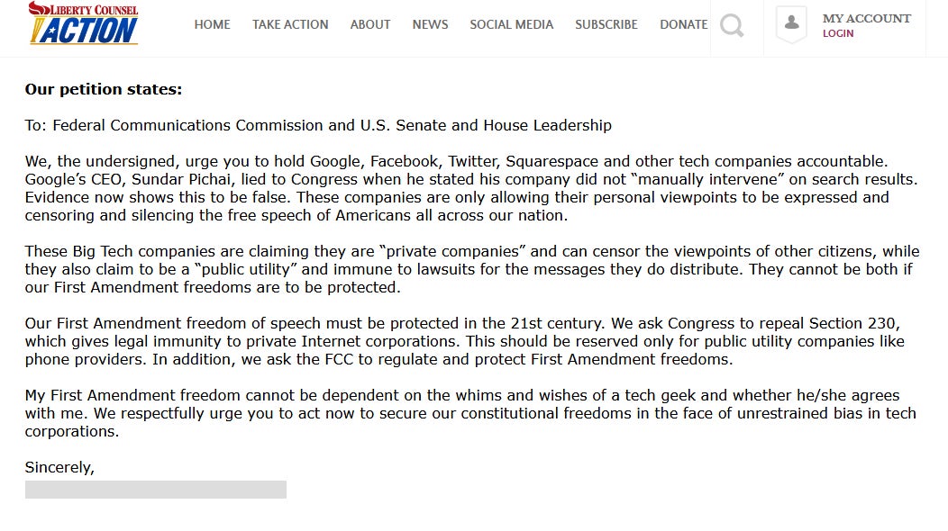 Liberty Counsel Section 230 FCC Petition Form