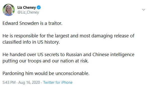 Liz Cheney Edward Snowden Tweet