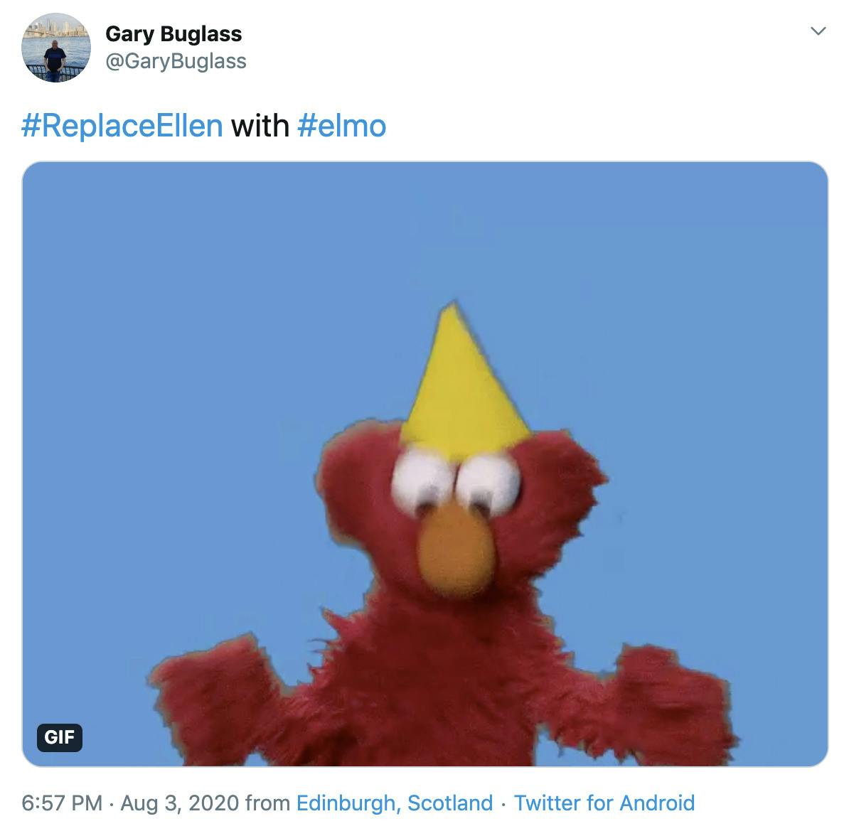 "#ReplaceEllen with #elmo" image of Elmo dancing