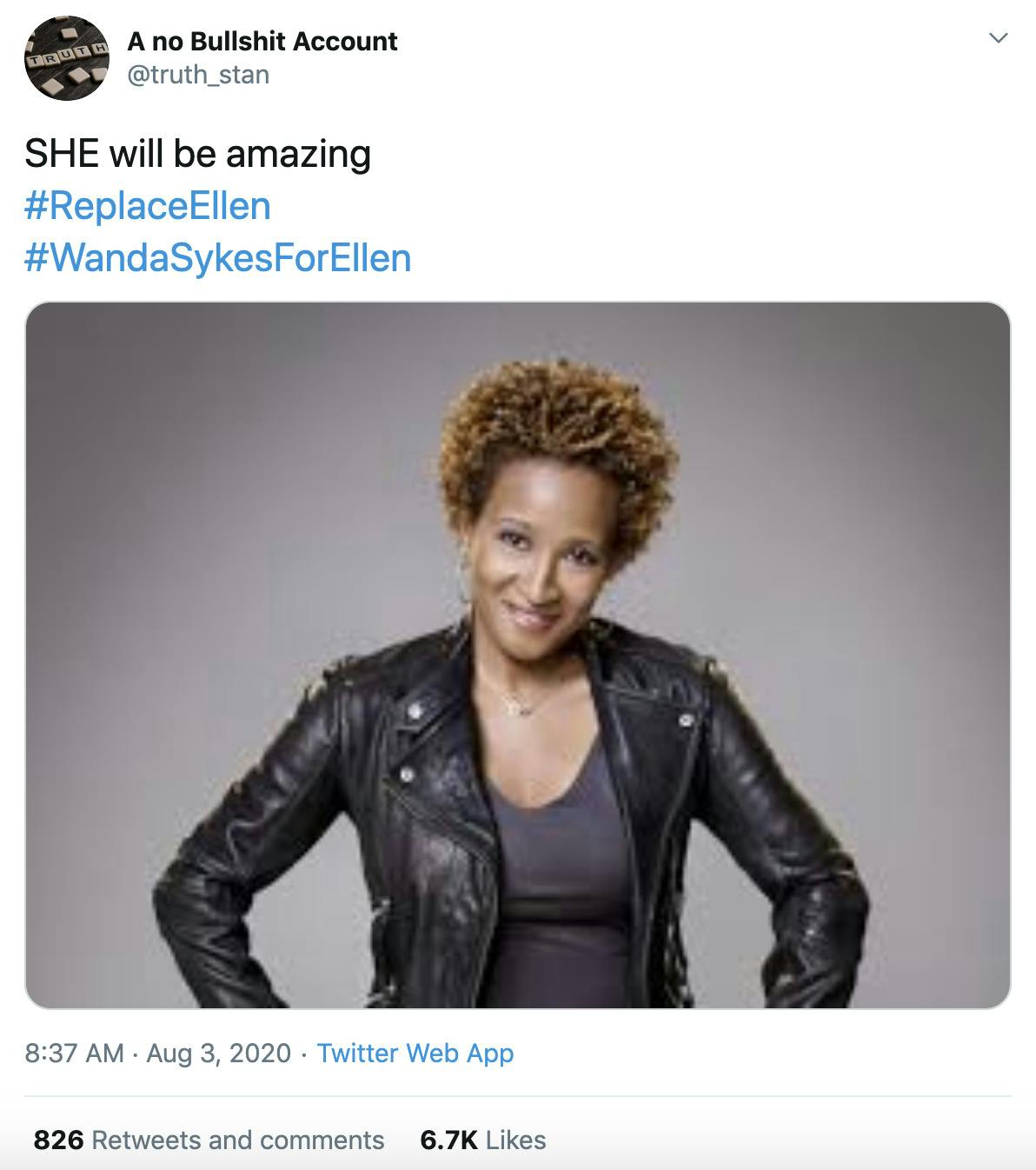 "SHE will be amazing #ReplaceEllen  #WandaSykesForEllen" image of Wanda Sykes with her hands on her hips