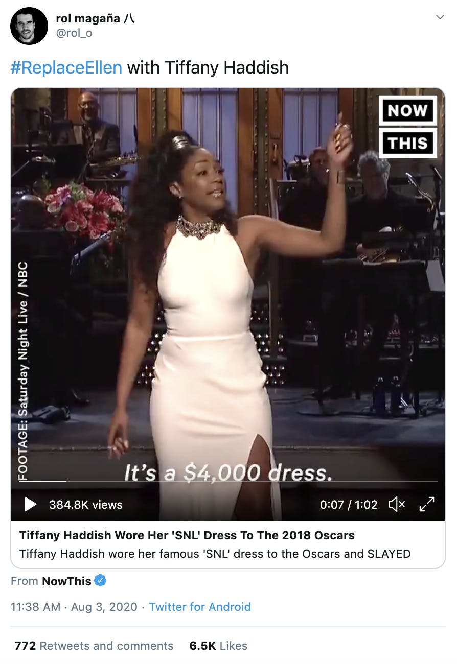 "#ReplaceEllen with Tiffany Haddish" image of Tiffany Haddish in her white Oscars dress