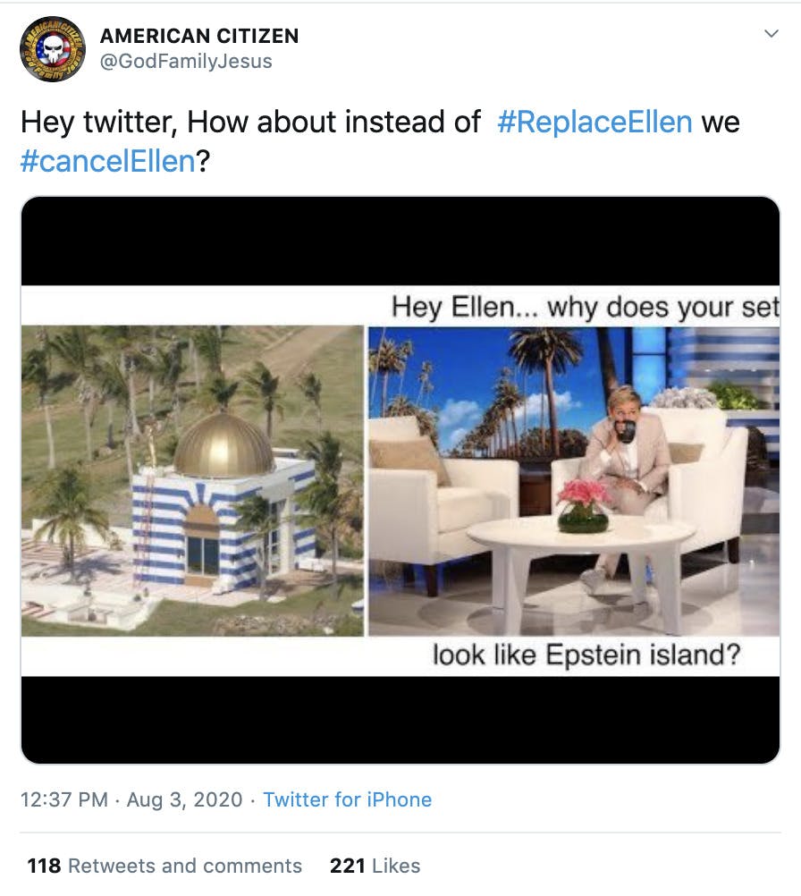 "Hey twitter, How about instead of  #ReplaceEllen we #cancelEllen?" image of her set next to the temple from Epstein's island with text saying  "Hey Ellen why does your set look like Epstein Island?"