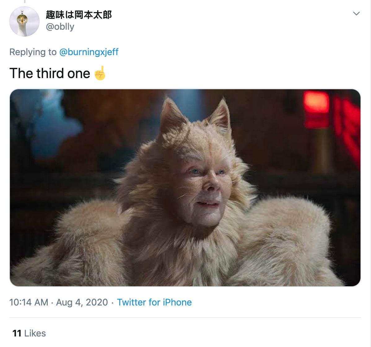 "The third one☝️" image of Judy Dench from Cats