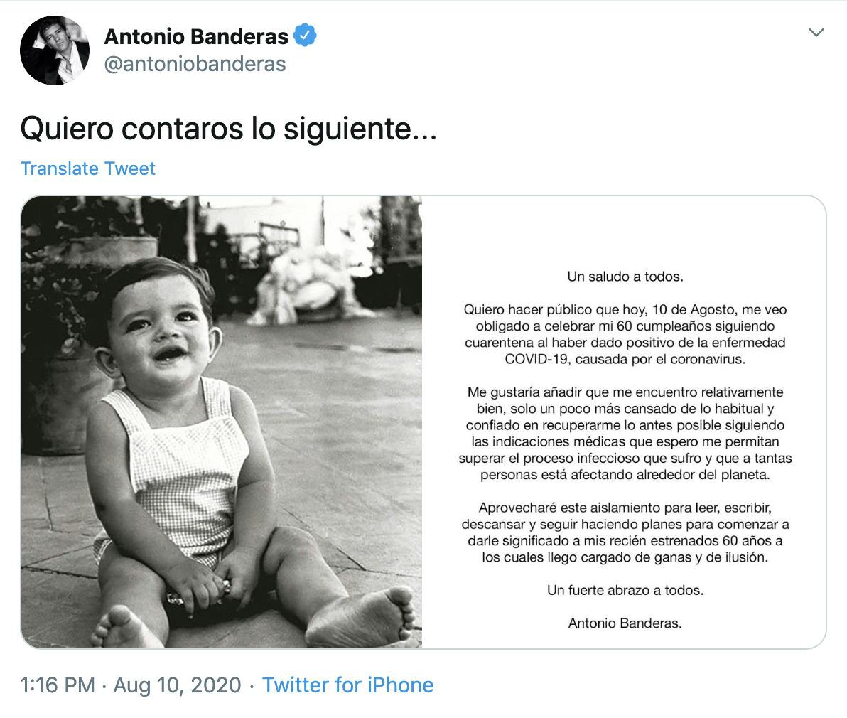 "https://twitter.com/antoniobanderas/status/1292797071909691393"  black and white photo of a small child smiling and screenshot of the statement that's translated below