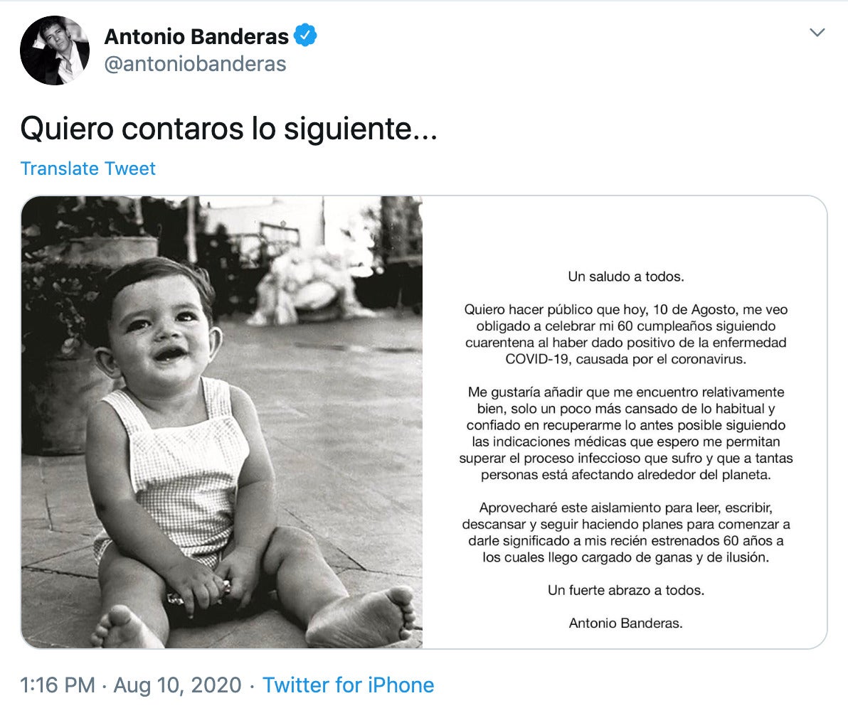 "https://twitter.com/antoniobanderas/status/1292797071909691393" black and white photo of a small child smiling and screenshot of the statement that's translated below