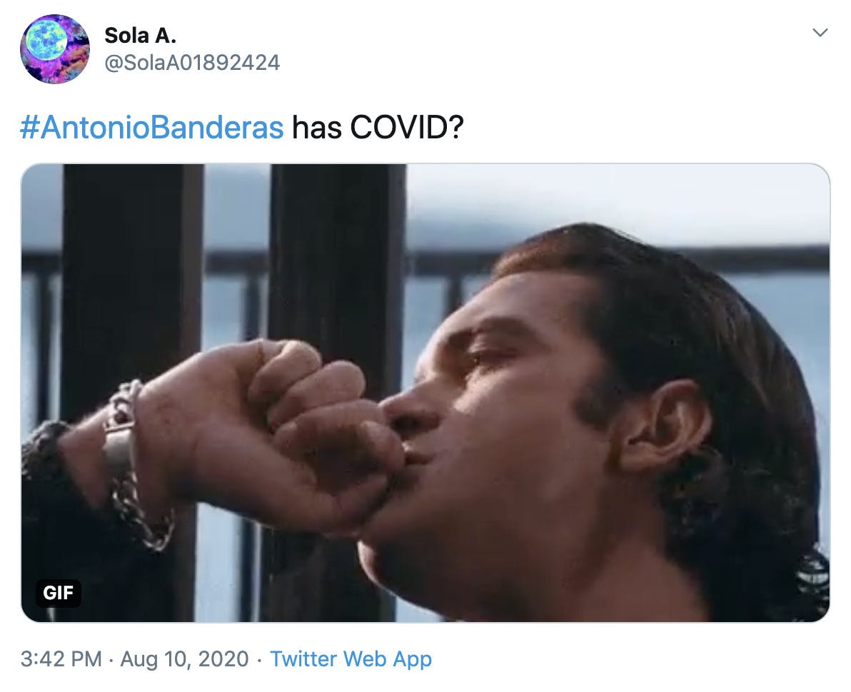 "#AntonioBanderas has COVID?" gif of man railing at something