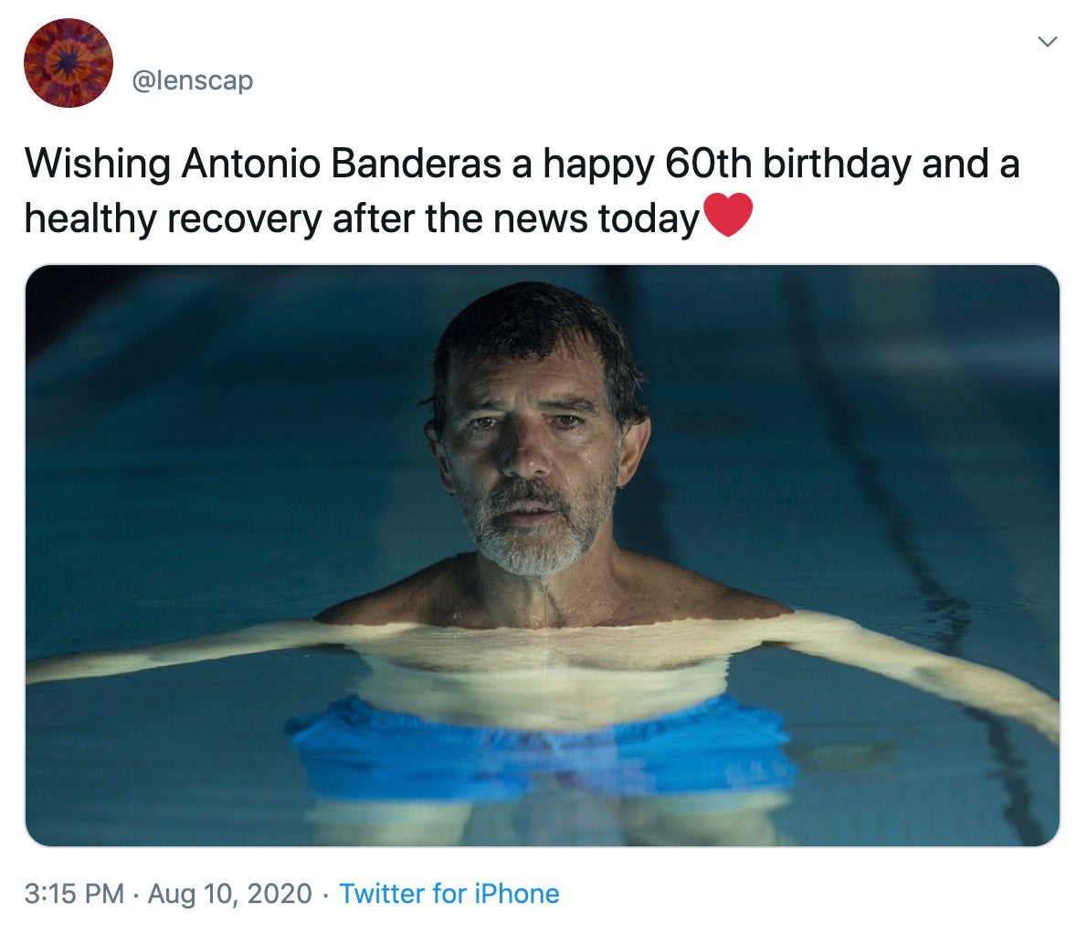 "Wishing Antonio Banderas a happy 60th birthday and a healthy recovery after the news todayRed heart" image of Banderas in a pool