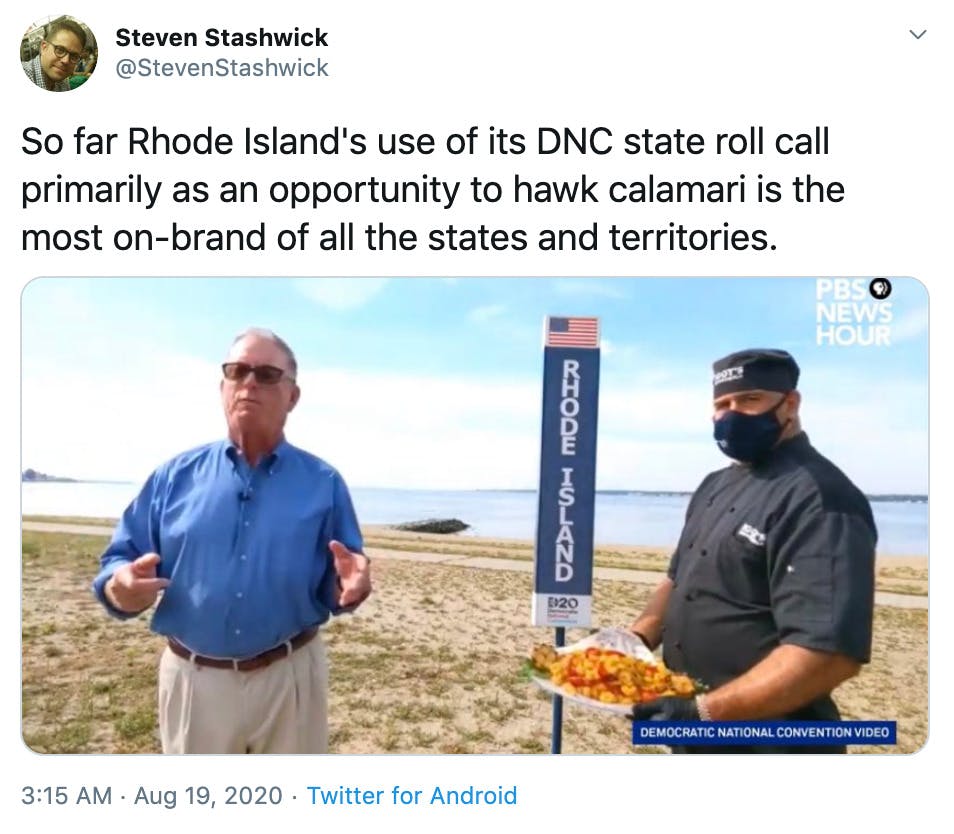 "So far Rhode Island's use of its DNC state roll call primarily as an opportunity to hawk calamari is the most on-brand of all the states and territories." screenshot of McNamara and the calamari