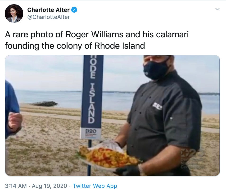 "A rare photo of Roger Williams and his calamari founding the colony of Rhode Island" close up of the chef holding the calamari