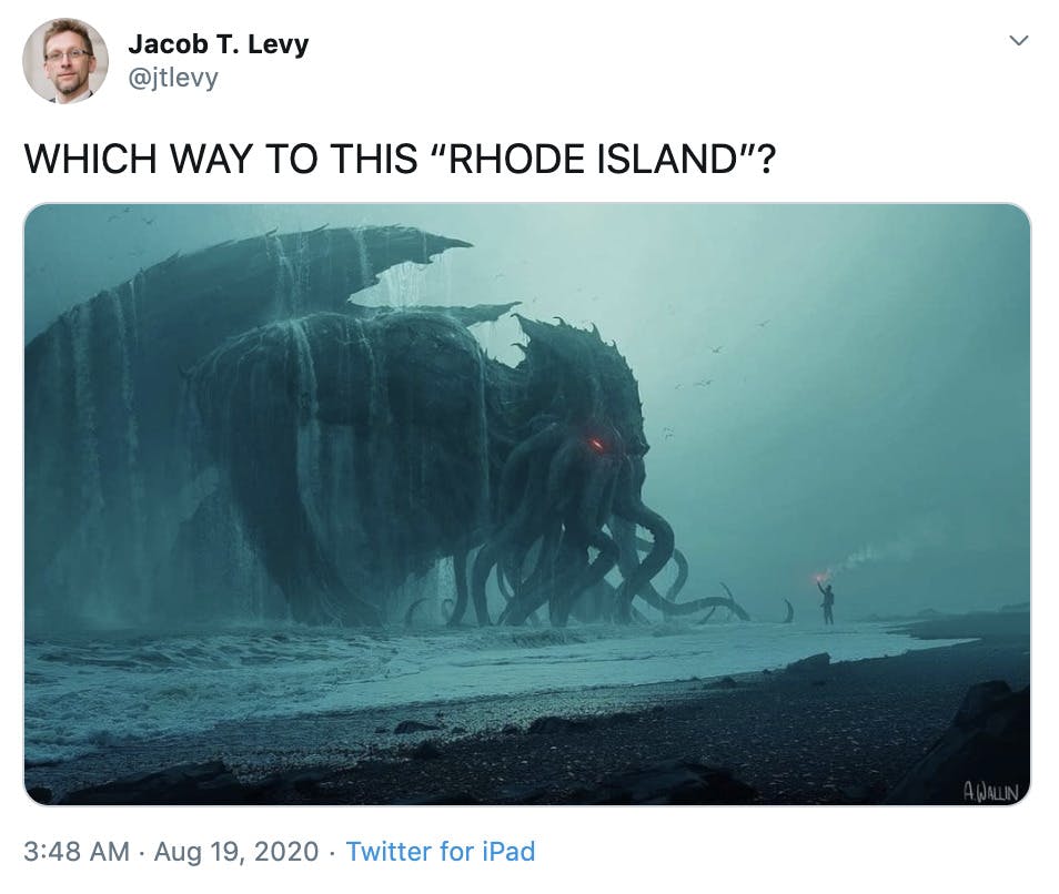 "WHICH WAY TO THIS “RHODE ISLAND”?" image of Cthullu coming out of the sea in the middle of a storm