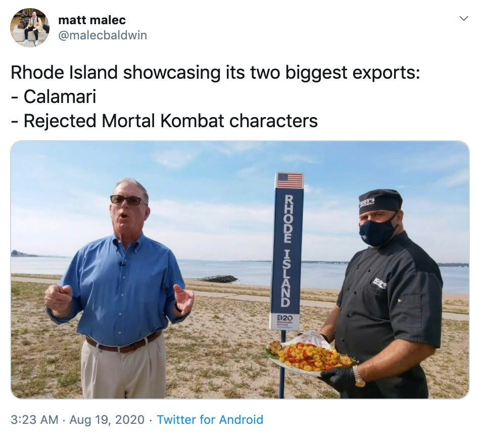 "Rhode Island showcasing its two biggest exports: - Calamari - Rejected Mortal Kombat characters" still from the roll call video