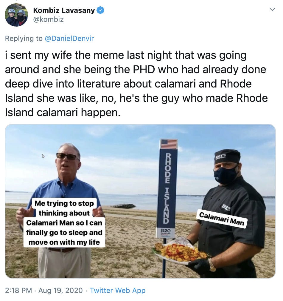 "i sent my wife the meme last night that was going around and she being the PHD who had already done deep dive into literature about calamari and Rhode Island she was like, no, he's the guy who made Rhode Island calamari happen." screenshot from the video with 'me trying to stop thinking about calamari man so I can go to sleep and move on with my life' written over McNamara and 'calamari man' written over the chef