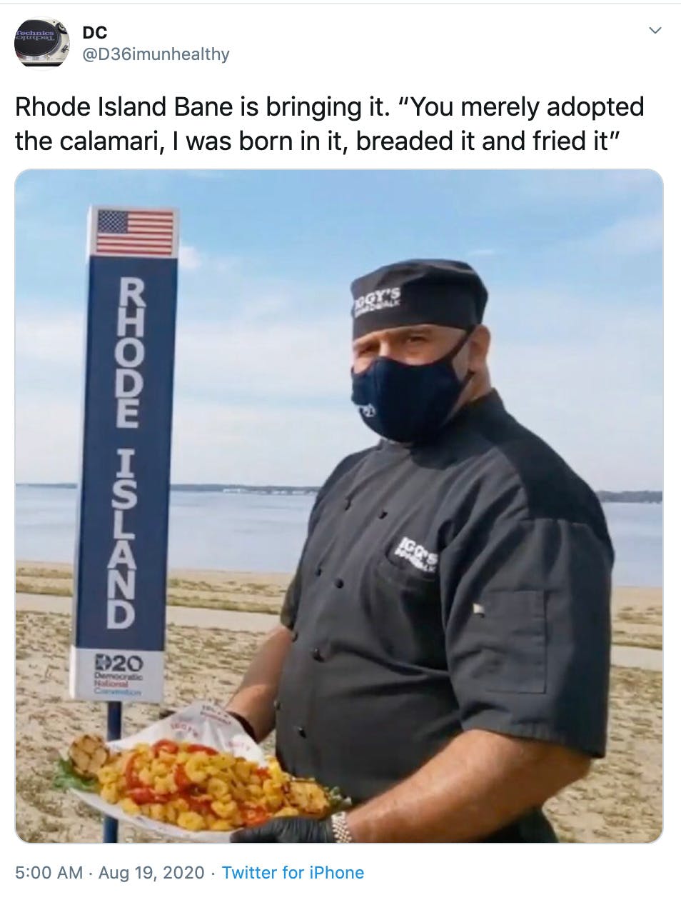 "Rhode Island Bane is bringing it. “You merely adopted the calamari, I was born in it, breaded it and fried it”" close up of the masked chef