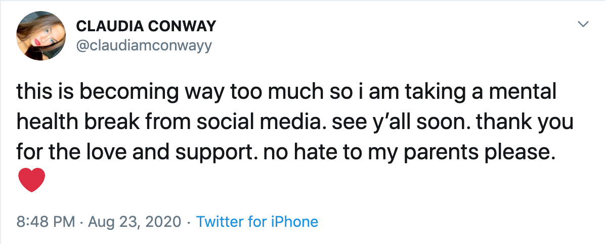 this is becoming way too much so i am taking a mental health break from social media. see y’all soon. thank you for the love and support. no hate to my parents please.