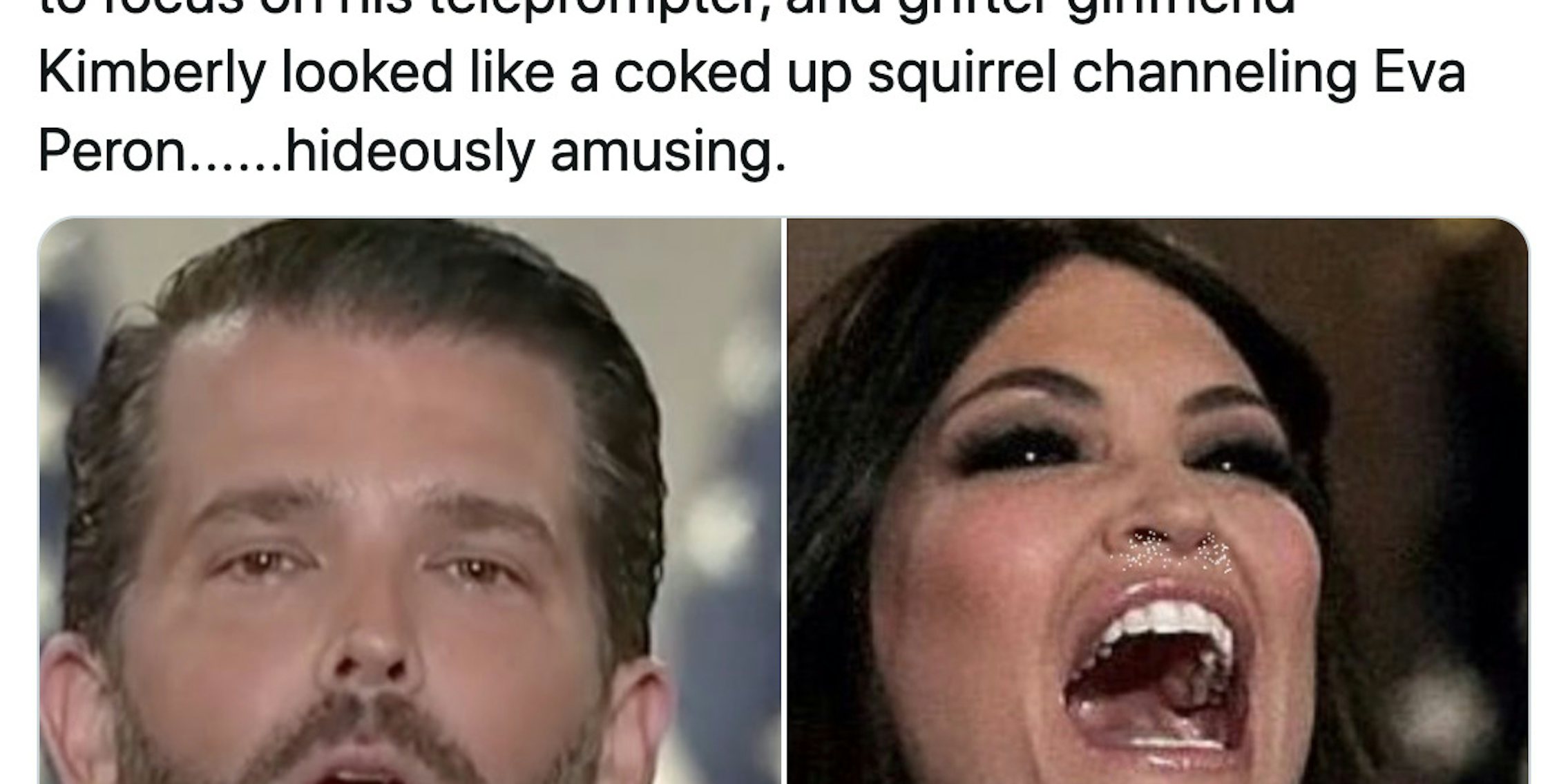 'Looked like Don Jr. got into daddy’s Adderall before trying to focus on his teleprompter, and grifter girlfriend Kimberly looked like a coked up squirrel channeling Eva Peron......hideously amusing.' stills of both speakers from the convention with some obvious editing on Guillfoyle to make it look like there's cocaine around her nose