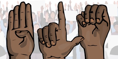 illustrated hands signing 'B L M' in American Sign Language in front of protest