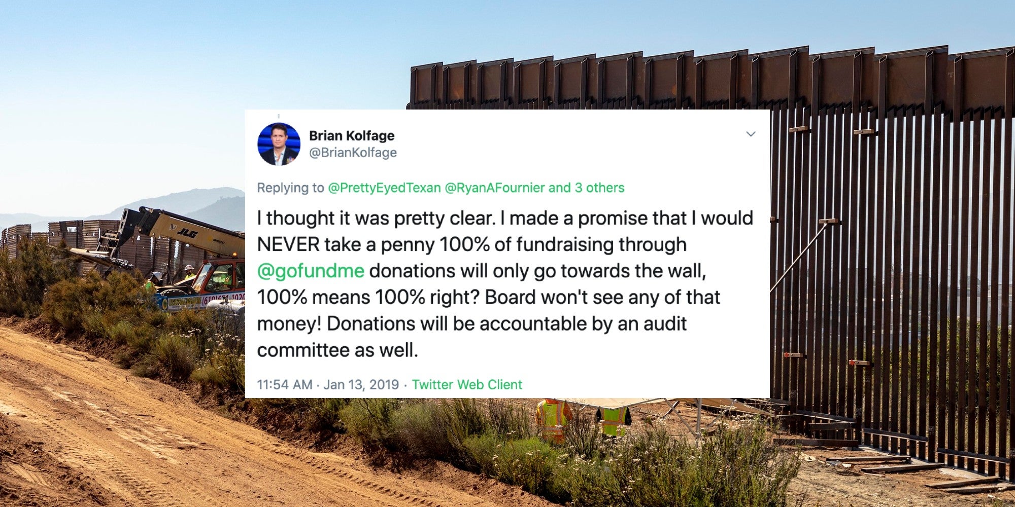 A tweet from Brian Kolfage in front of a border wall