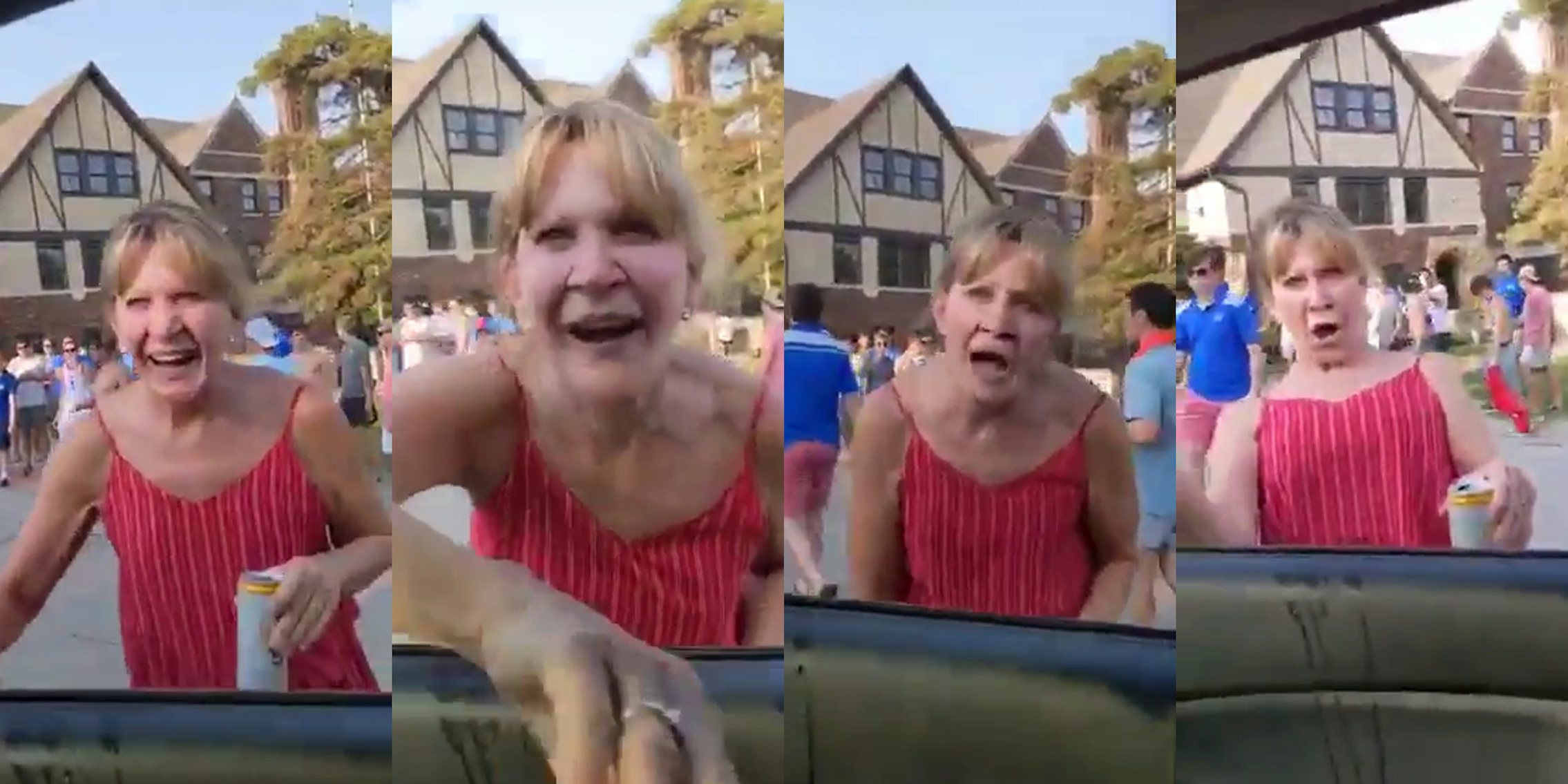 elderly woman at frat party drunkenly leans into a car