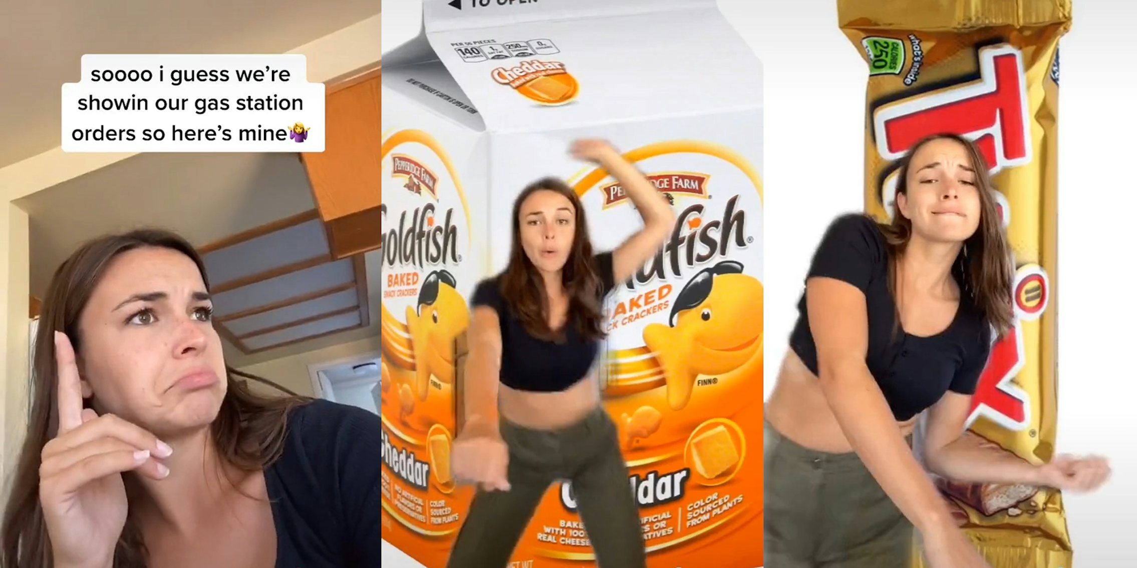 woman dancing in front of goldfish snacks and twix bars