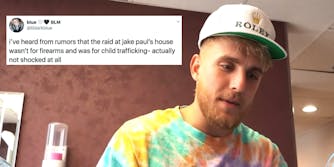 Jake Paul next to a tweet about a child trafficking conspiracy