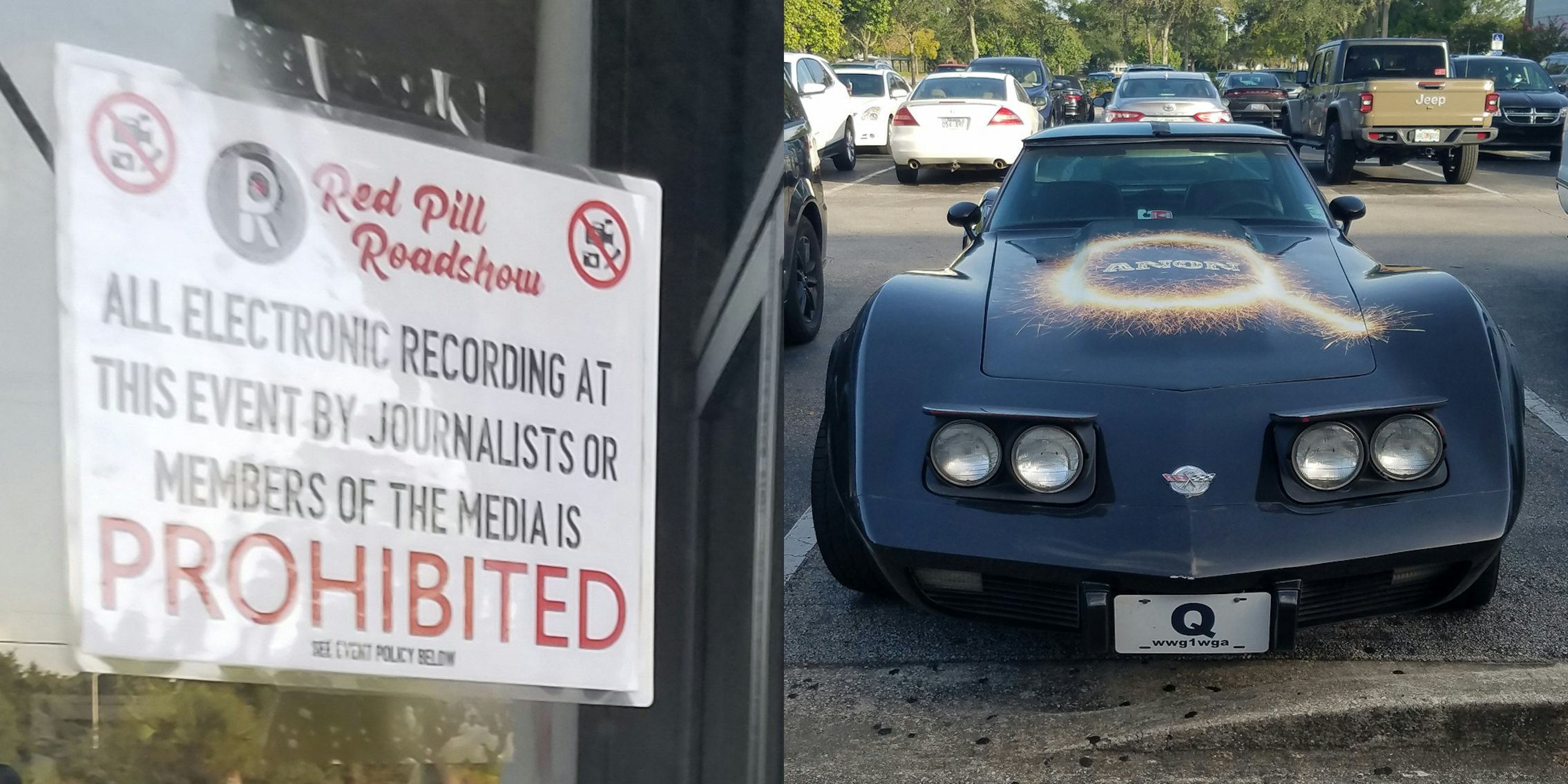 red pill roadshow sign 'all electronic recording at this event by journalists or members of the media is prohibited' with corvette painted with Qanon logo on hood
