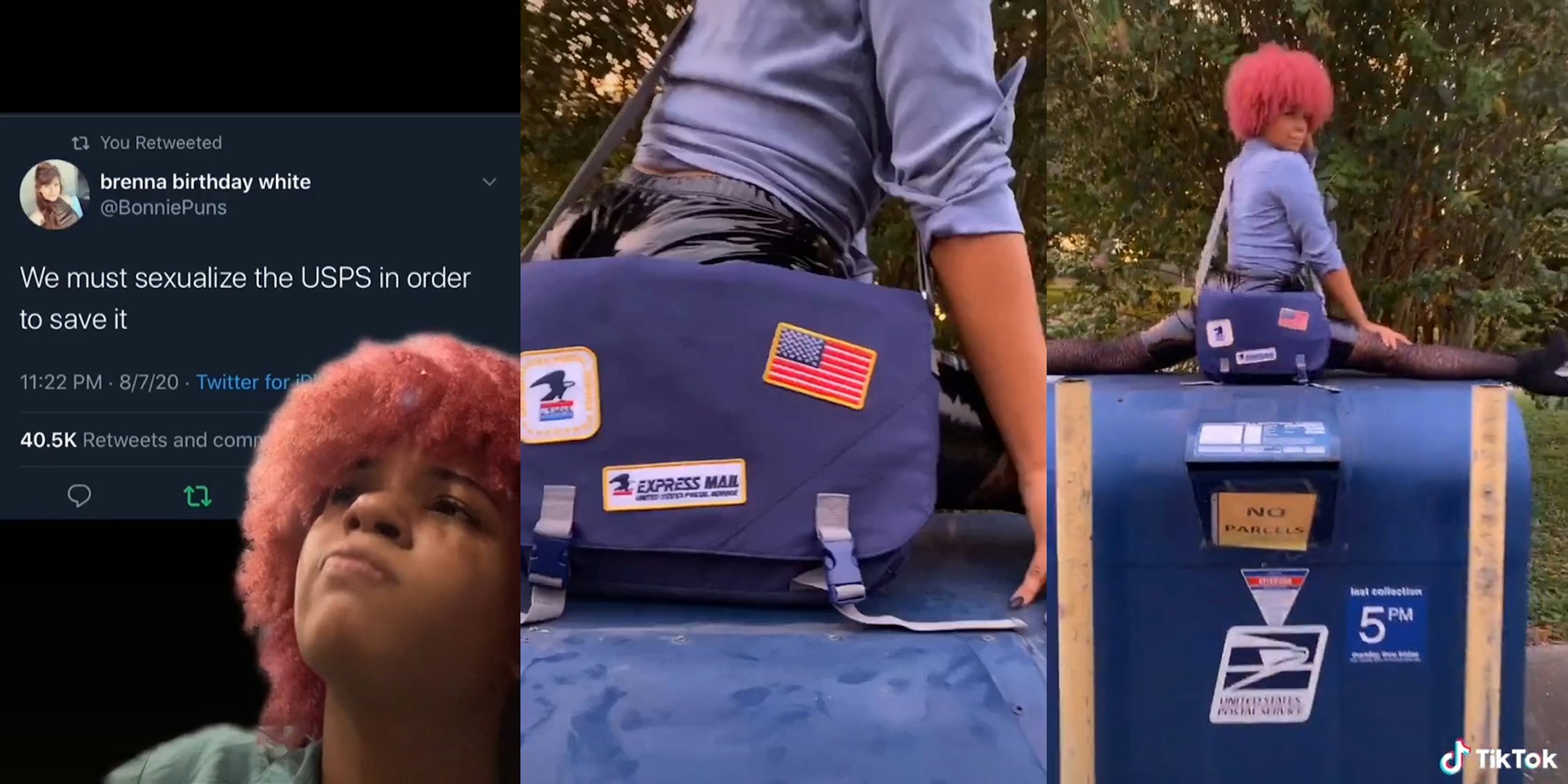 young woman dressed as sexy postal worker dancing on top of a mail box