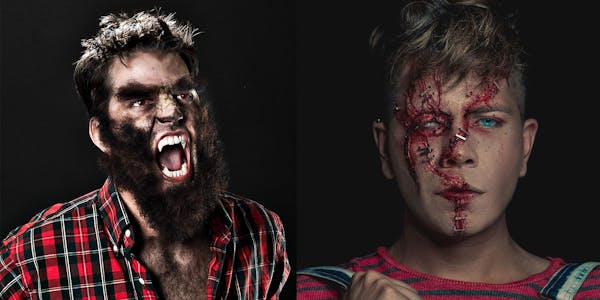 A man with a werewolf face and another with scars made with special fx makeup 