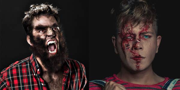 A man with a werewolf face and another with scars made with special fx makeup