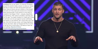 Tim Tebow next to an Instagram post about child trafficking