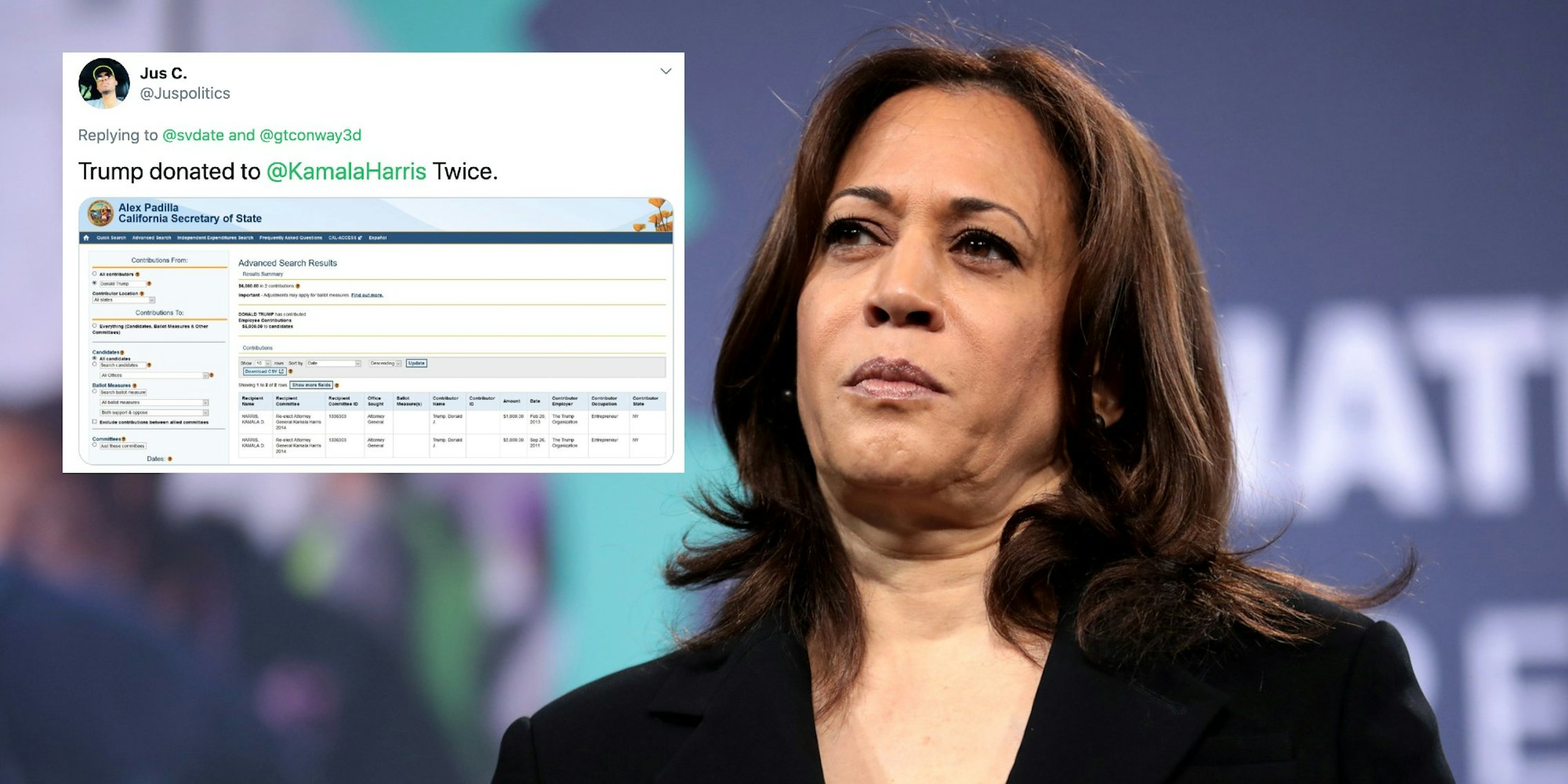 Kamala Harris next to a tweet about donations from Trump
