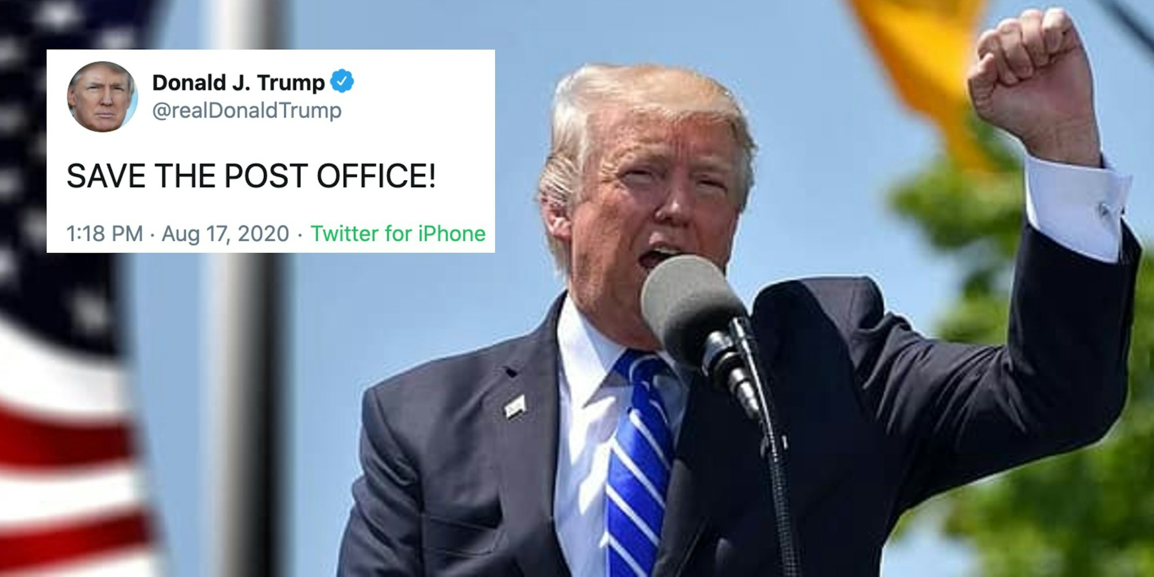 Donald Trump next to a tweet about the Post Office