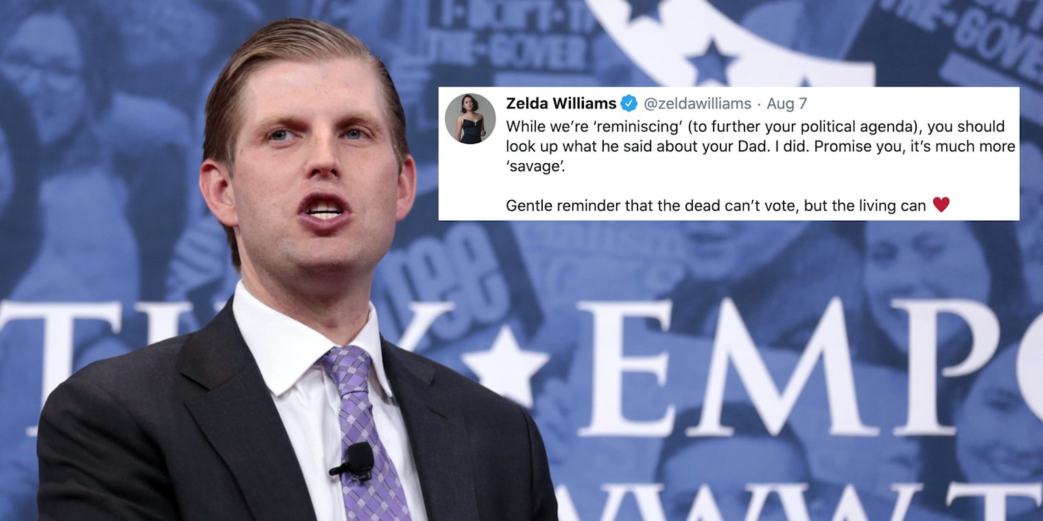 Eric Trump next to a tweet from Zelda Williams