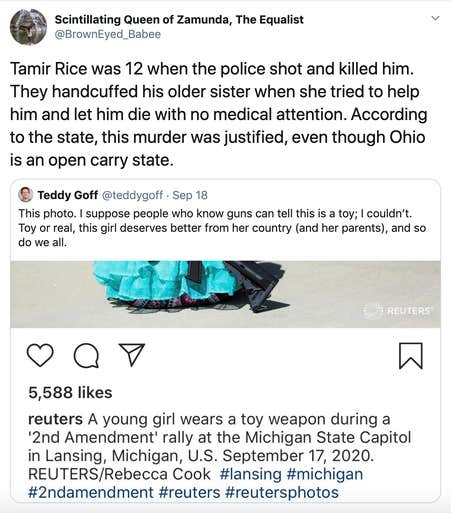 "Tamir Rice was 12 when the police shot and killed him. They handcuffed his older sister when she tried to help him and let him die with no medical attention. According to the state, this murder was justified, even though Ohio is an open carry state." screenshot of an instagram post featuring a little white girl in a blue dress with a toy gun and the caption "A young girl wears a toy weapon at a 2nd amendment rally at the Michigan State Capital"