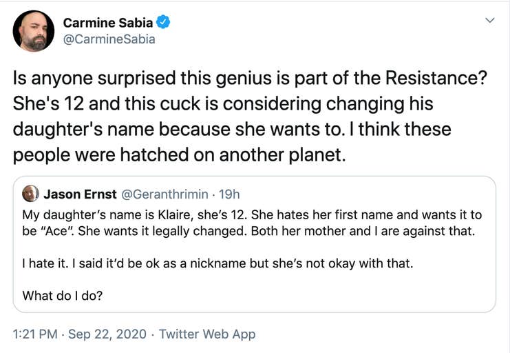 Is anyone surprised this genius is part of the Resistance? She's 12 and this cuck is considering changing his daughter's name because she wants to. I think these people were hatched on another planet.