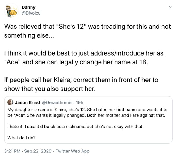 Was relieved that "She's 12" was treading for this and not something else... I think it would be best to just address/introduce her as "Ace" and she can legally change her name at 18. If people call her Klaire, correct them in front of her to show that you also support her.