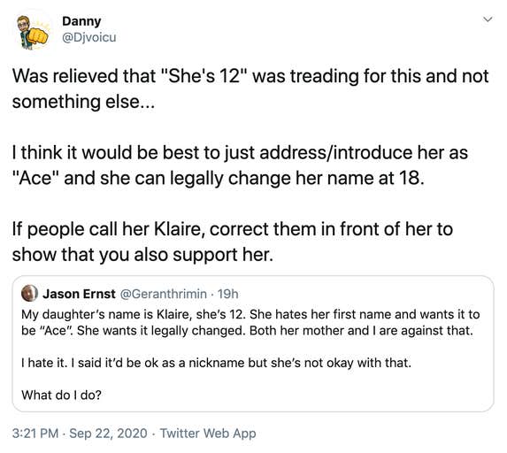 Was relieved that "She's 12" was treading for this and not something else... I think it would be best to just address/introduce her as "Ace" and she can legally change her name at 18. If people call her Klaire, correct them in front of her to show that you also support her.