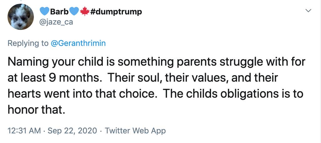 Naming your child is something parents struggle with for at least 9 months.  Their soul, their values, and their hearts went into that choice.  The childs obligations is to honor that.