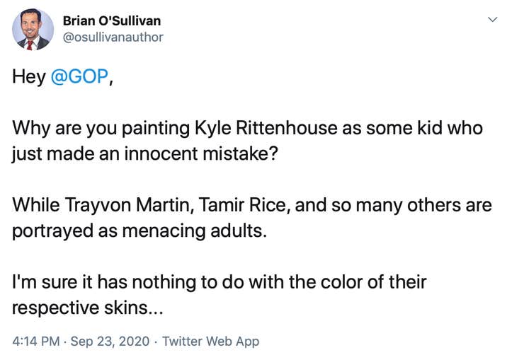 Hey  @GOP ,  Why are you painting Kyle Rittenhouse as some kid who just made an innocent mistake?  While Trayvon Martin, Tamir Rice, and so many others are portrayed as menacing adults.  I'm sure it has nothing to do with the color of their respective skins...