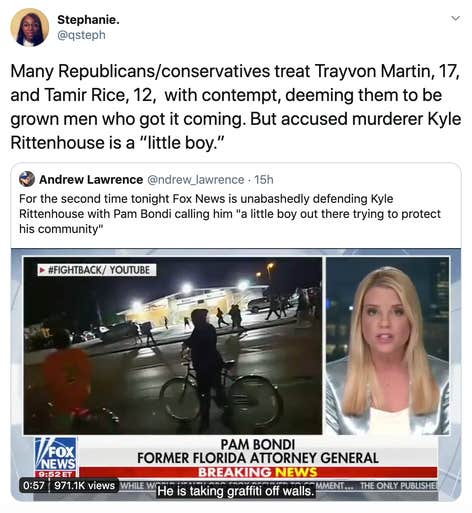 Many Republicans/conservatives treat Trayvon Martin, 17, and Tamir Rice, 12, with contempt, deeming them to be grown men who got it coming. But accused murderer Kyle Rittenhouse is a “little boy.”