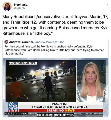 Many Republicans/conservatives treat Trayvon Martin, 17,  and Tamir Rice, 12,  with contempt, deeming them to be grown men who got it coming. But accused murderer Kyle Rittenhouse is a “little boy.”