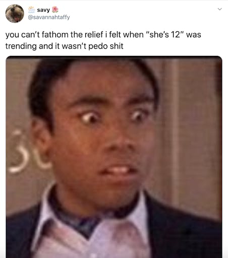 "you can’t fathom the relief i felt when “she’s 12” was trending and it wasn’t pedo shit" image of Troy Barton from Community looking alarmed