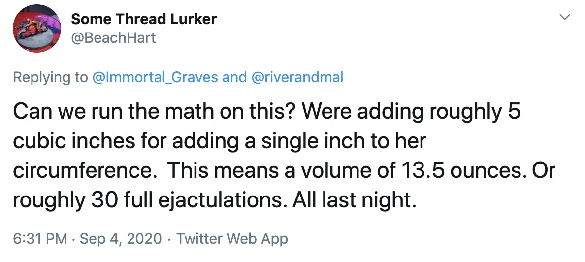 Can we run the math on this? Were adding roughly 5 cubic inches for adding a single inch to her circumference.  This means a volume of 13.5 ounces. Or roughly 30 full ejactulations. All last night.
