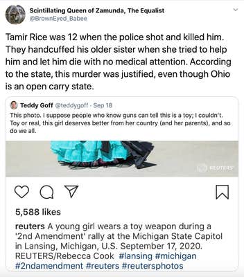 "Tamir Rice was 12 when the police shot and killed him. They handcuffed his older sister when she tried to help him and let him die with no medical attention. According to the state, this murder was justified, even though Ohio is an open carry state." screenshot of an instagram post featuring a little white girl in a blue dress with a toy gun and the caption "A young girl wears a toy weapon at a 2nd amendment rally at the Michigan State Capital"