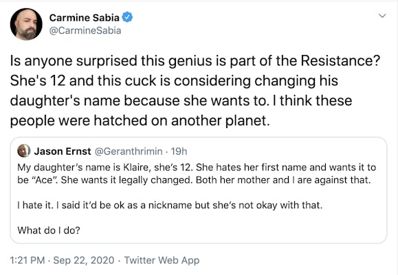 Is anyone surprised this genius is part of the Resistance? She's 12 and this cuck is considering changing his daughter's name because she wants to. I think these people were hatched on another planet.