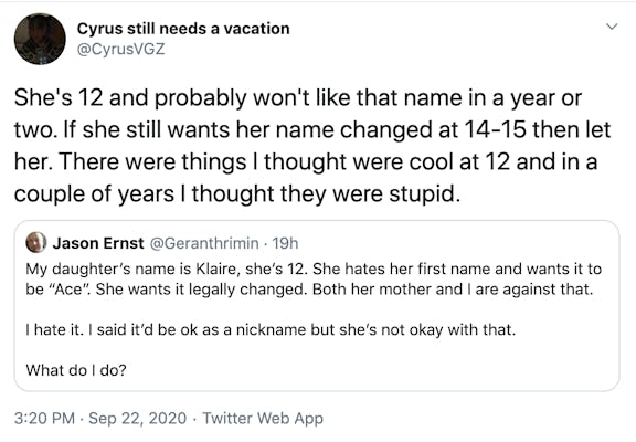 She's 12 and probably won't like that name in a year or two. If she still wants her name changed at 14-15 then let her. There were things I thought were cool at 12 and in a couple of years I thought they were stupid.