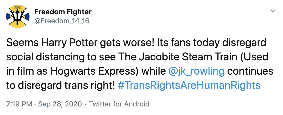Seems Harry Potter gets worse! Its fans today disregard social distancing to see The Jacobite Steam Train (Used in film as Hogwarts Express) while  @jk_rowling  continues to disregard trans right! #TransRightsAreHumanRights